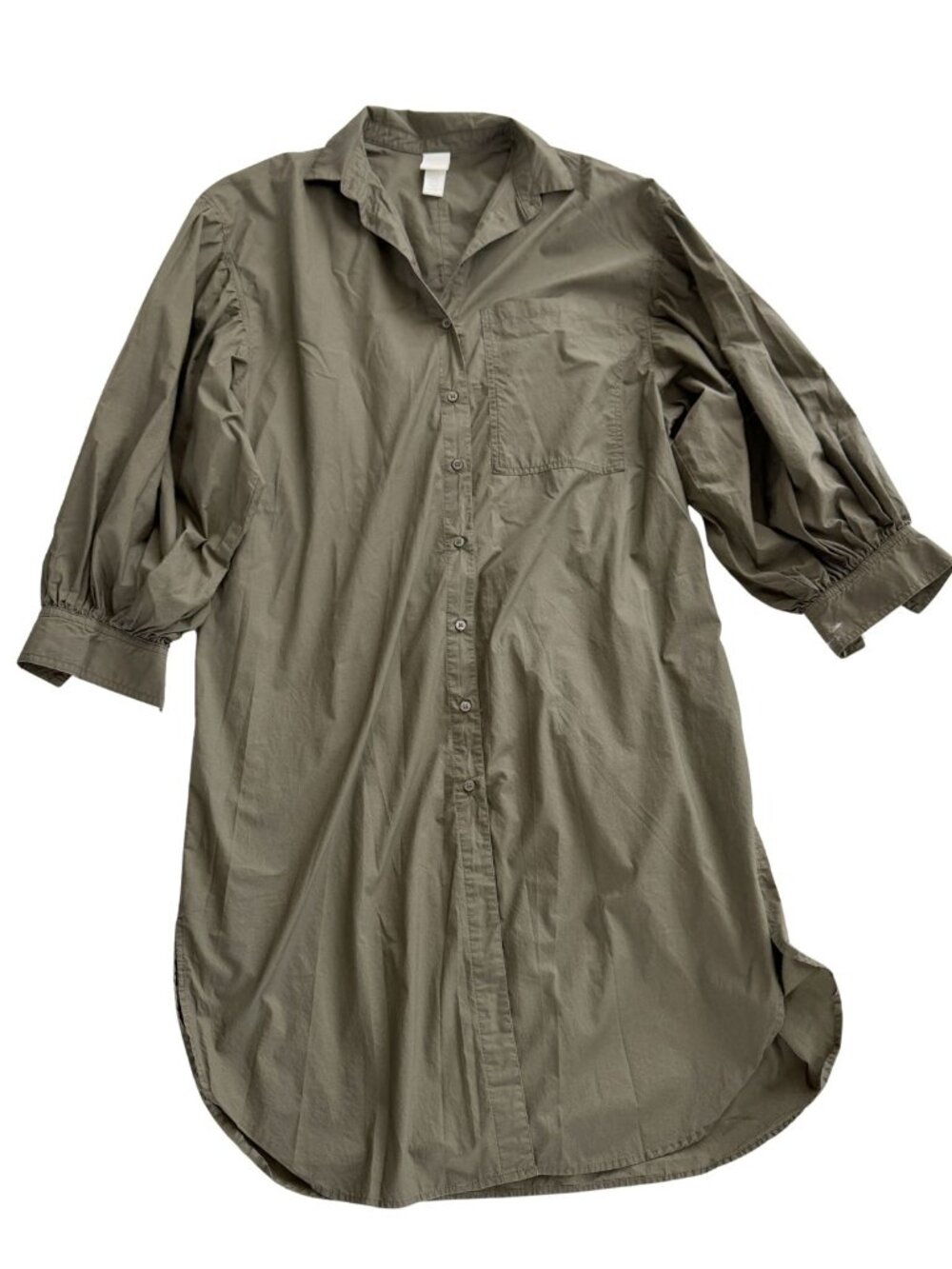H&M Olive Green Oversized Button Down Shirt Dress - Volume Puff Sleeve